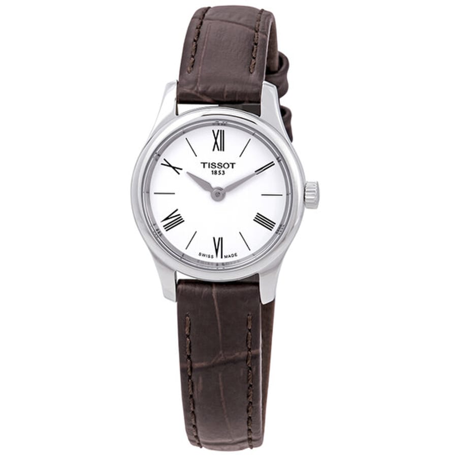 Relógio Tissot Tradition 5.5 Branco Couro Marrom Feminino T063.009.16.018.00