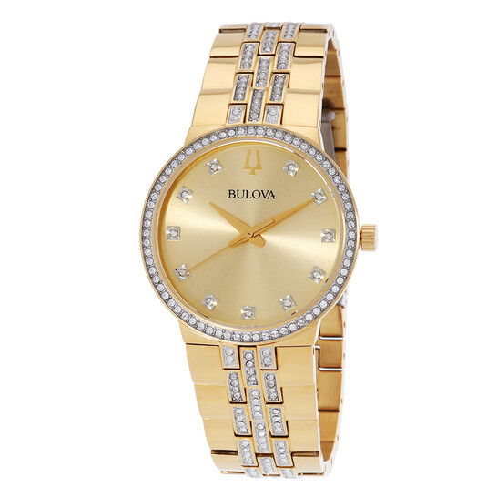 Kit Relógio Bulova Crystal Quartzo Champagne Masculino com Colar 98K113