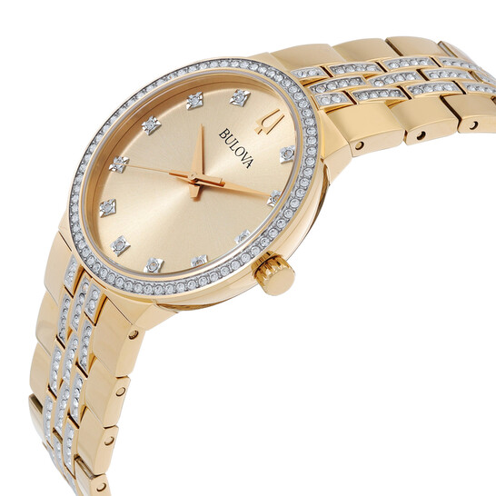 Kit Relógio Bulova Crystal Quartzo Champagne Masculino com Colar 98K113